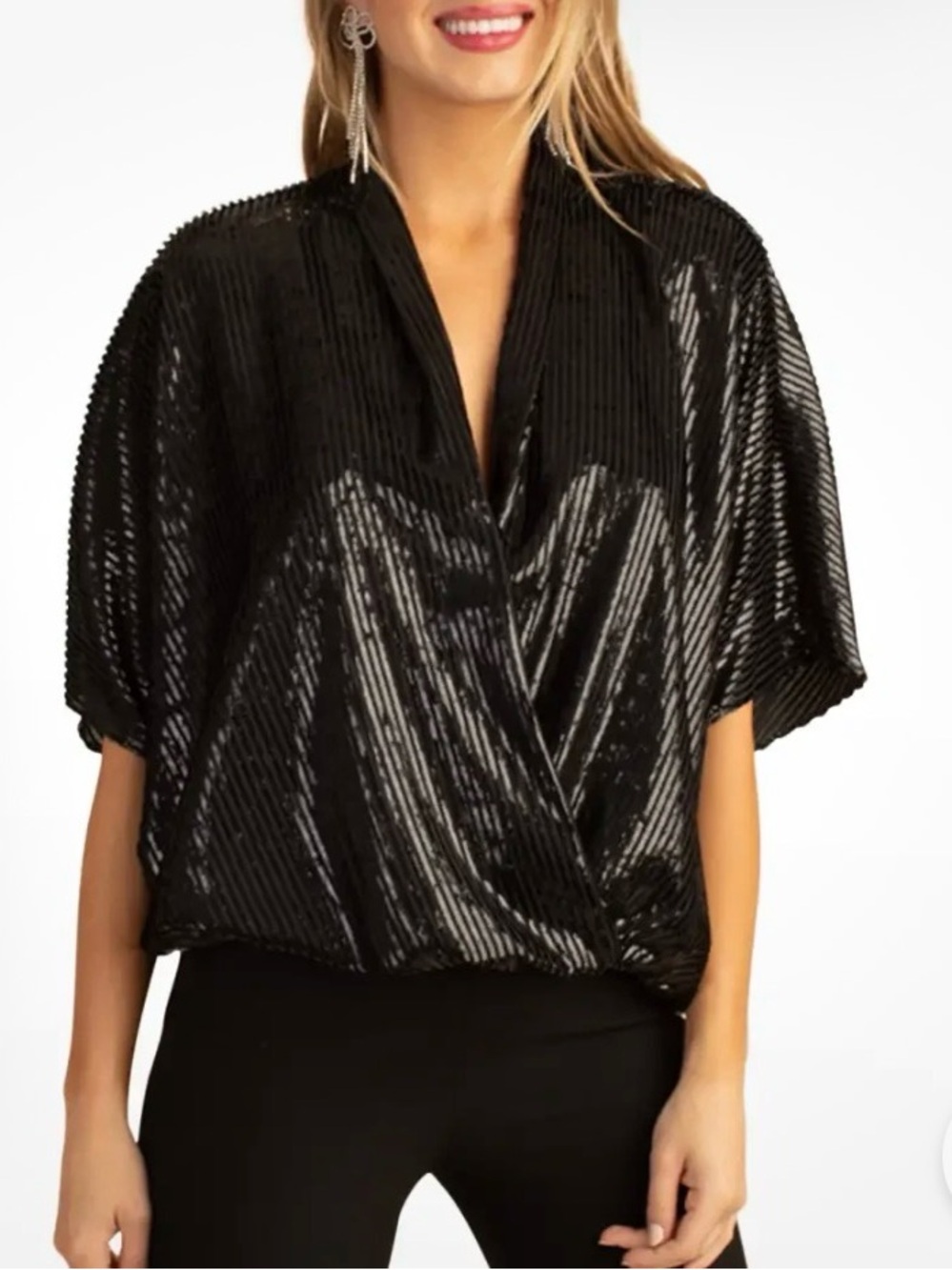 NWT Trina TurkWomen's Black Shimmer Wrap-Front Top